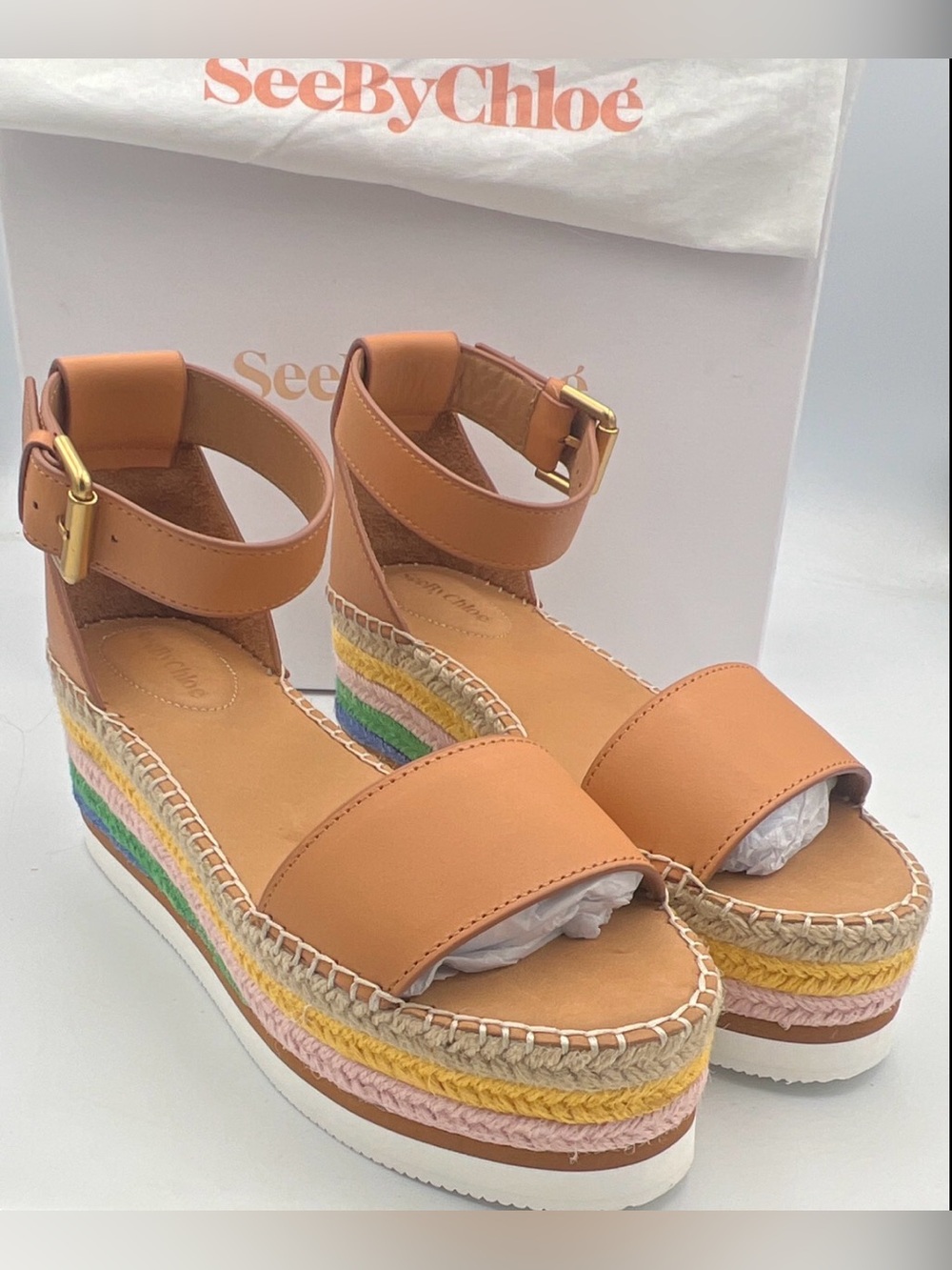 See by Chloé Glyn Tan Leather Espadrille Platform Wedge Sandal EU 40 NEWw/BOX